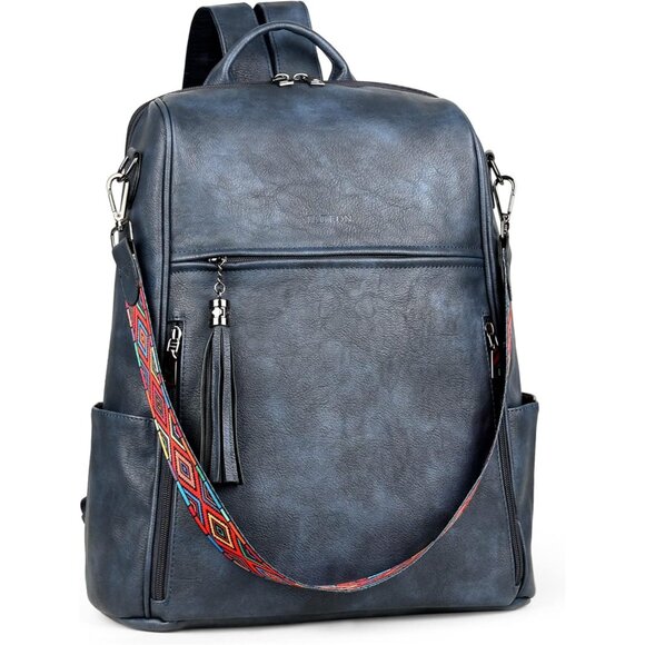 Women's Dusty Blue Retro Style Backpack Designer 15.6 inch PU Leather Laptop Bag - Picture 9 of 9